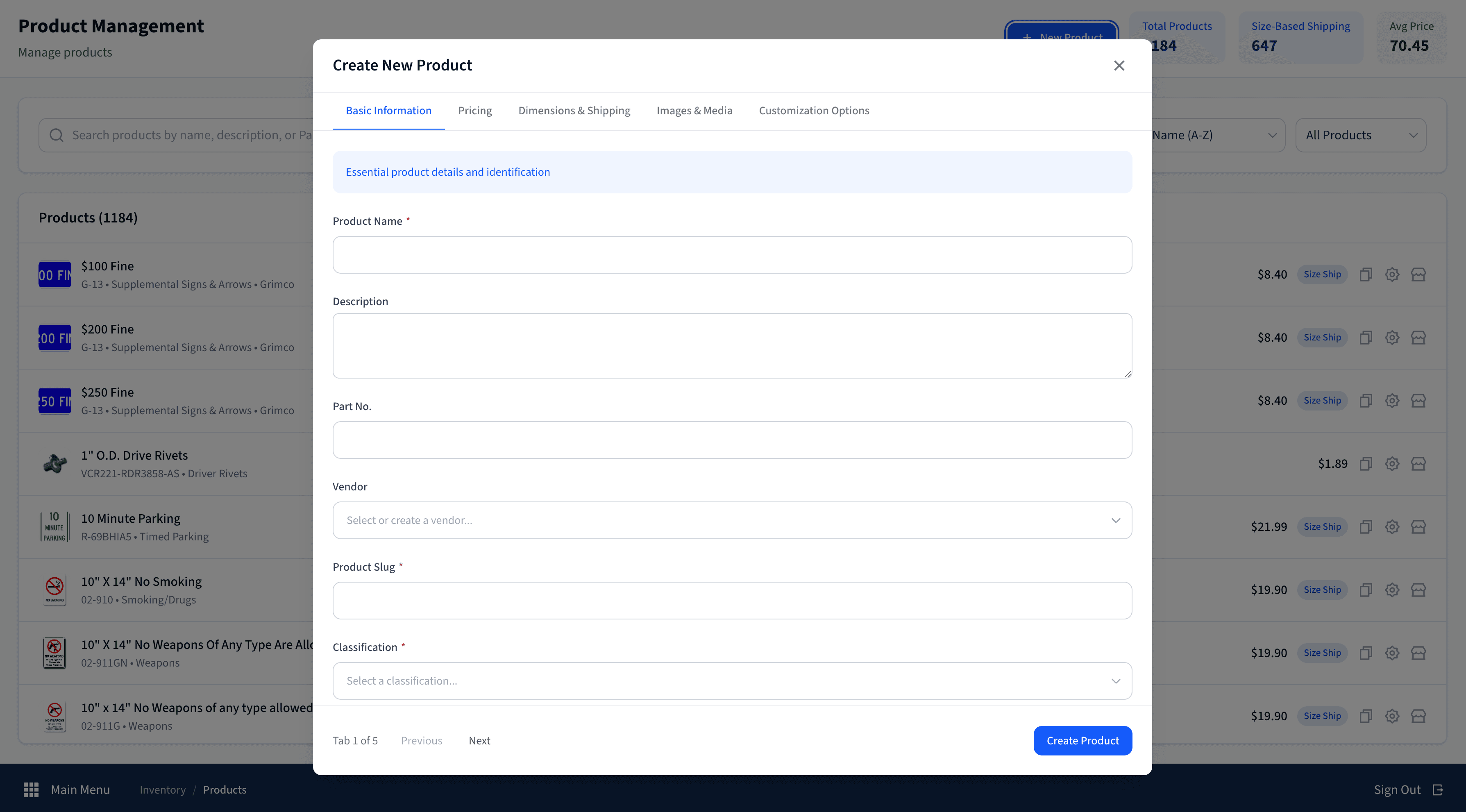 Econo Signs admin portal add product workflow
