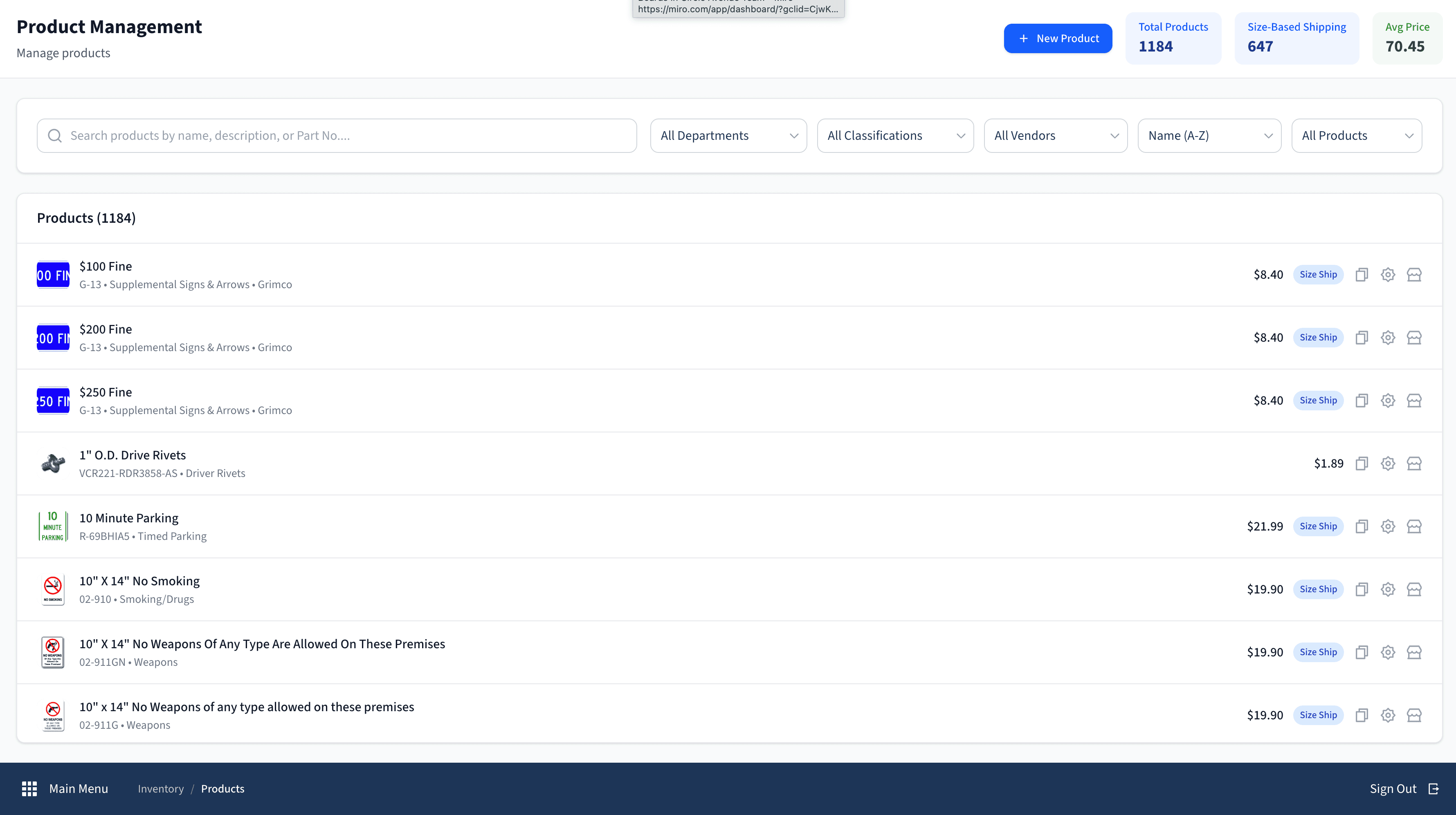 Econo Signs admin portal products management view