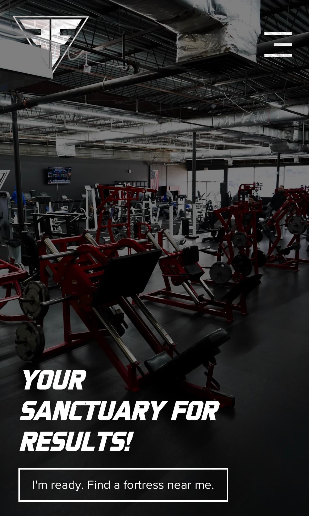 Fuel Fortress mobile landing page featuring gym photography and a primary CTA to find a nearby location.