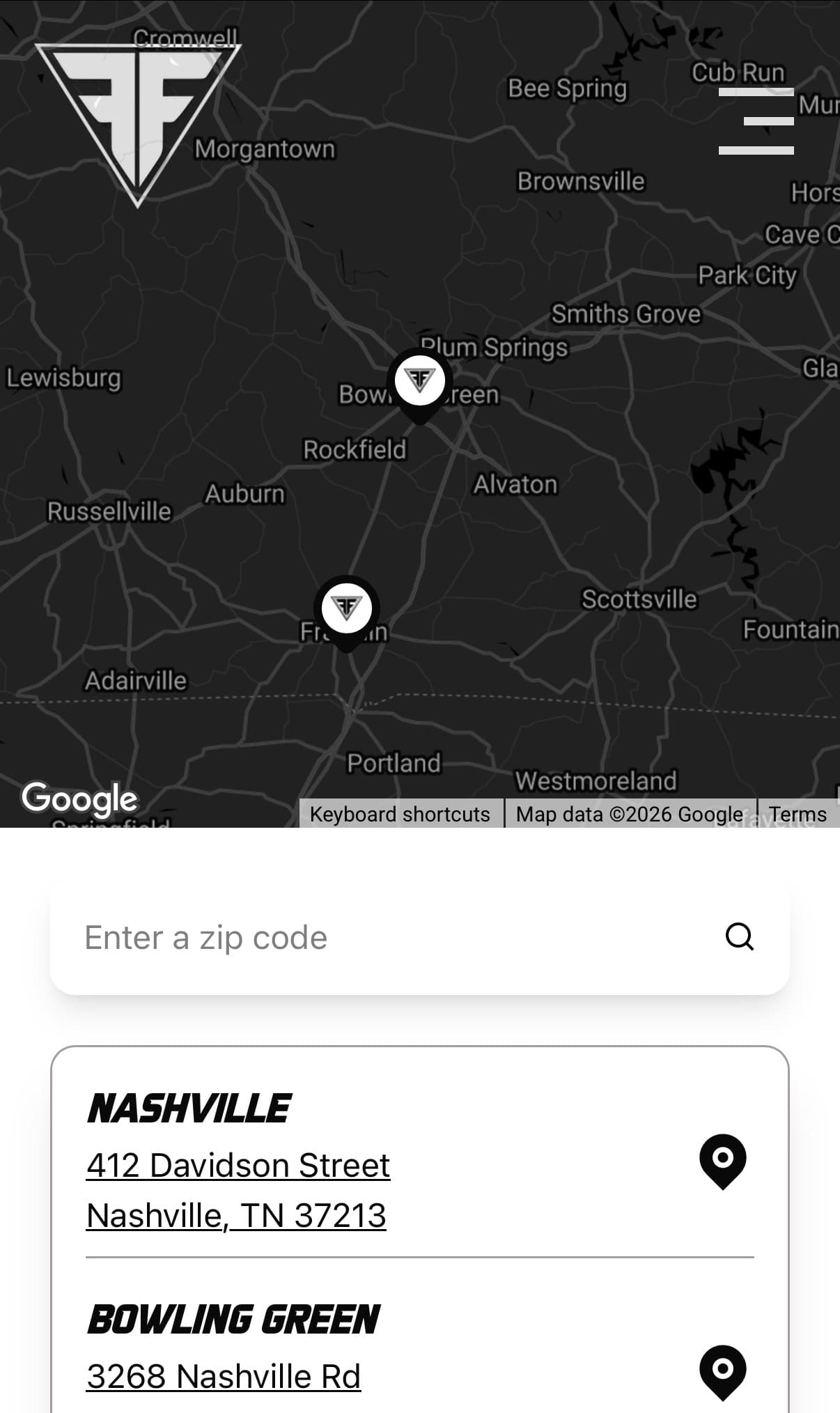 Fuel Fortress mobile location finder showing a map, zip code search, and nearby gym locations.