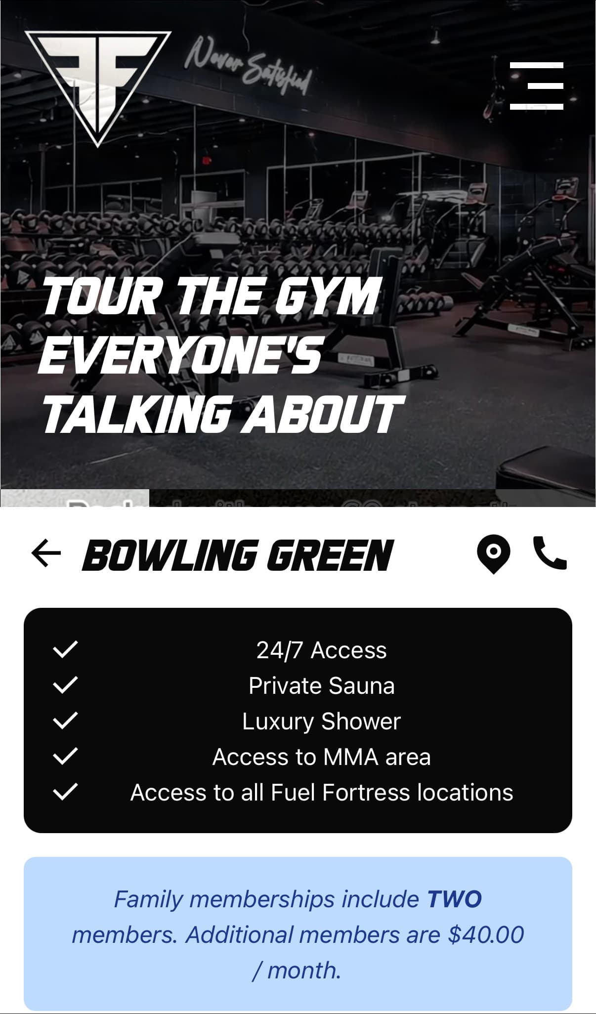Fuel Fortress mobile location page with amenities, membership details, and local contact actions.