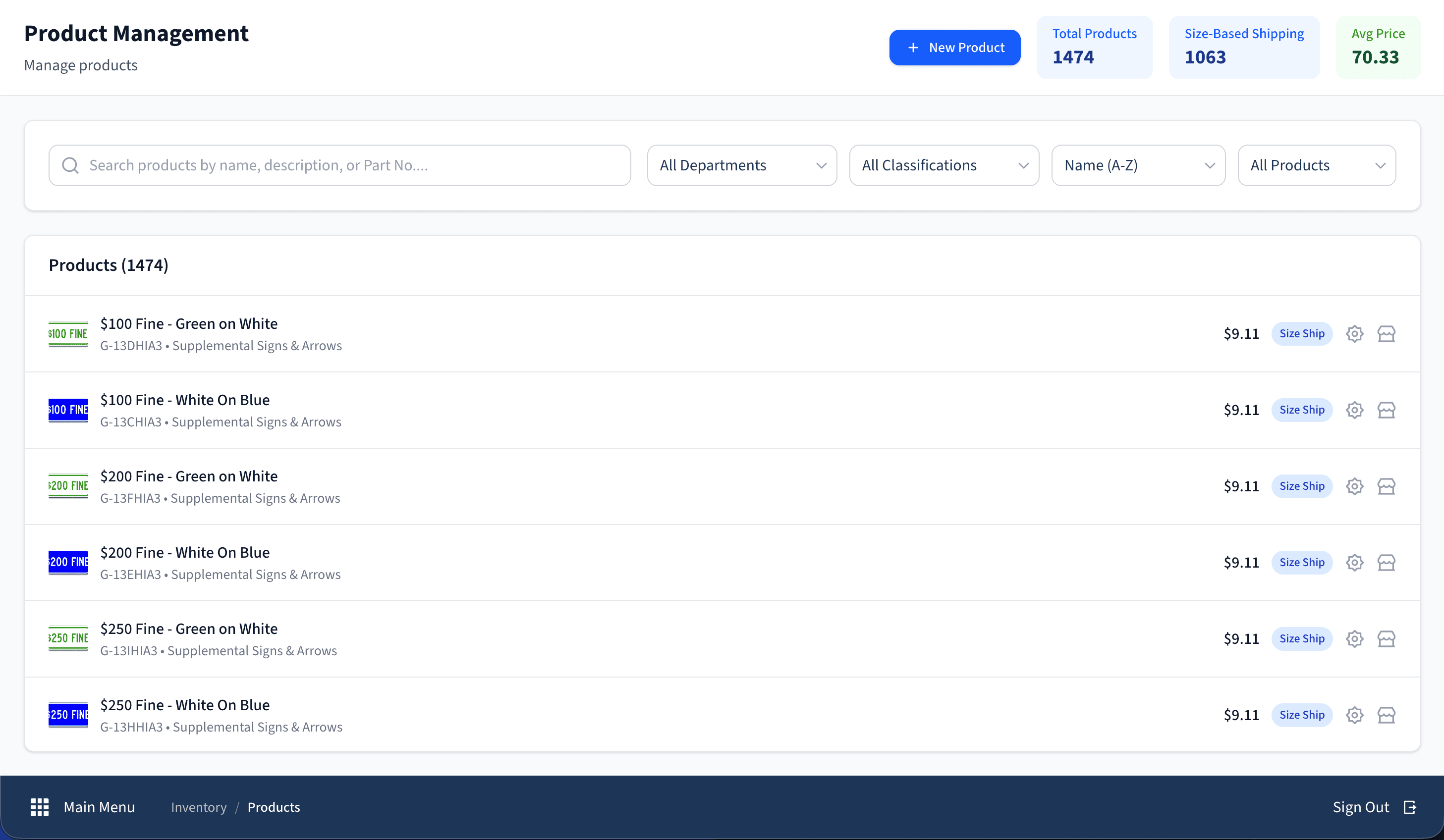 Ecommerce product administration interface with inventory, pricing, and publishing controls.