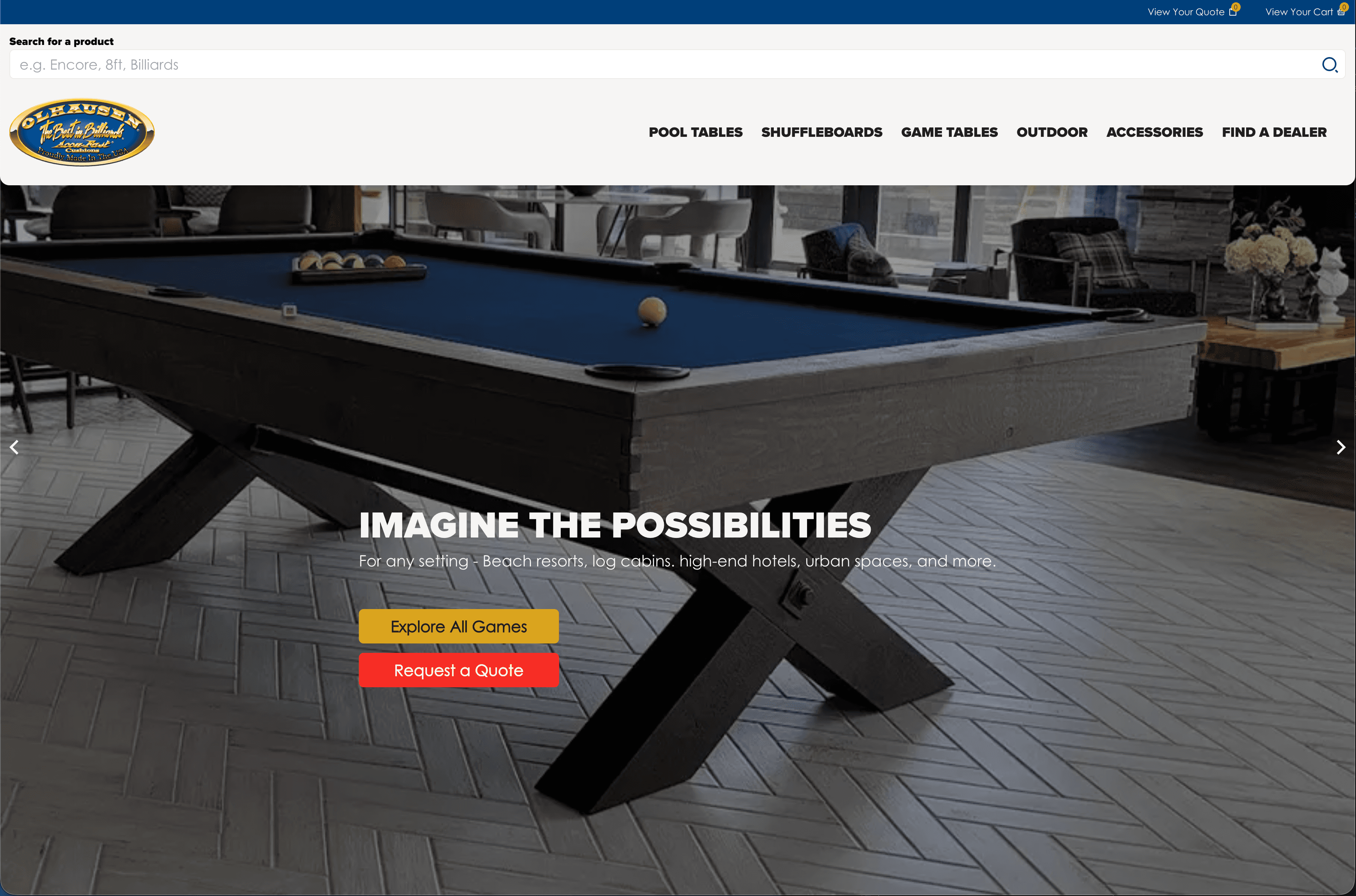 Olhausen website experience featuring billiards product storytelling and table customization.